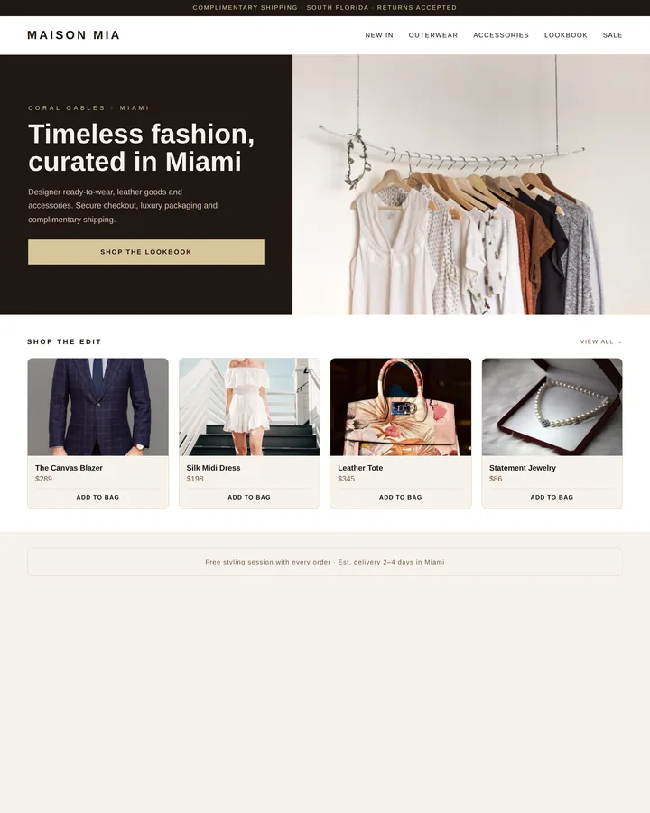 Luxury fashion boutique ecommerce website — Maison MIA