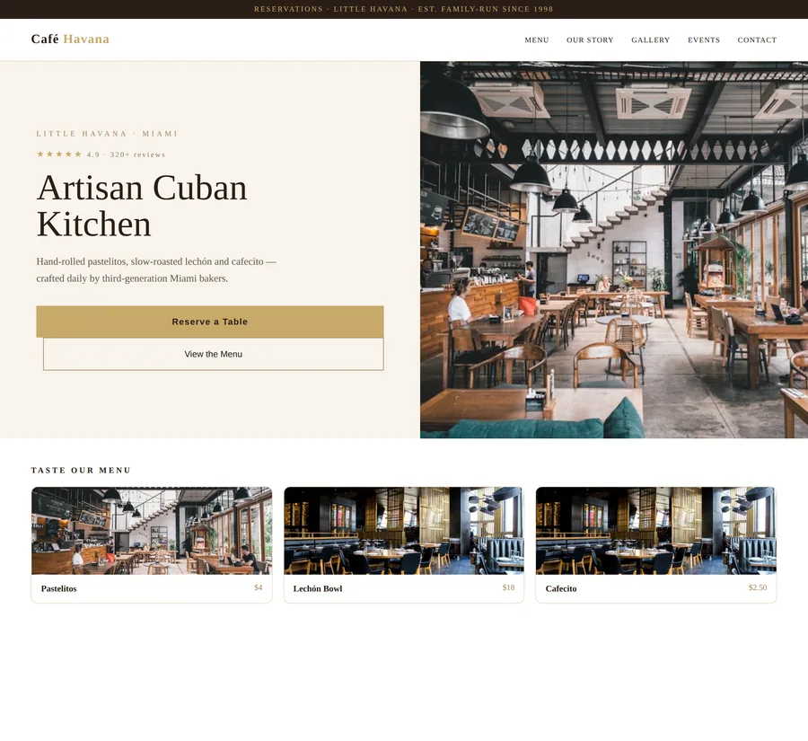 Restaurant website design — Cafe Havana, Artisan Cuban Kitchen